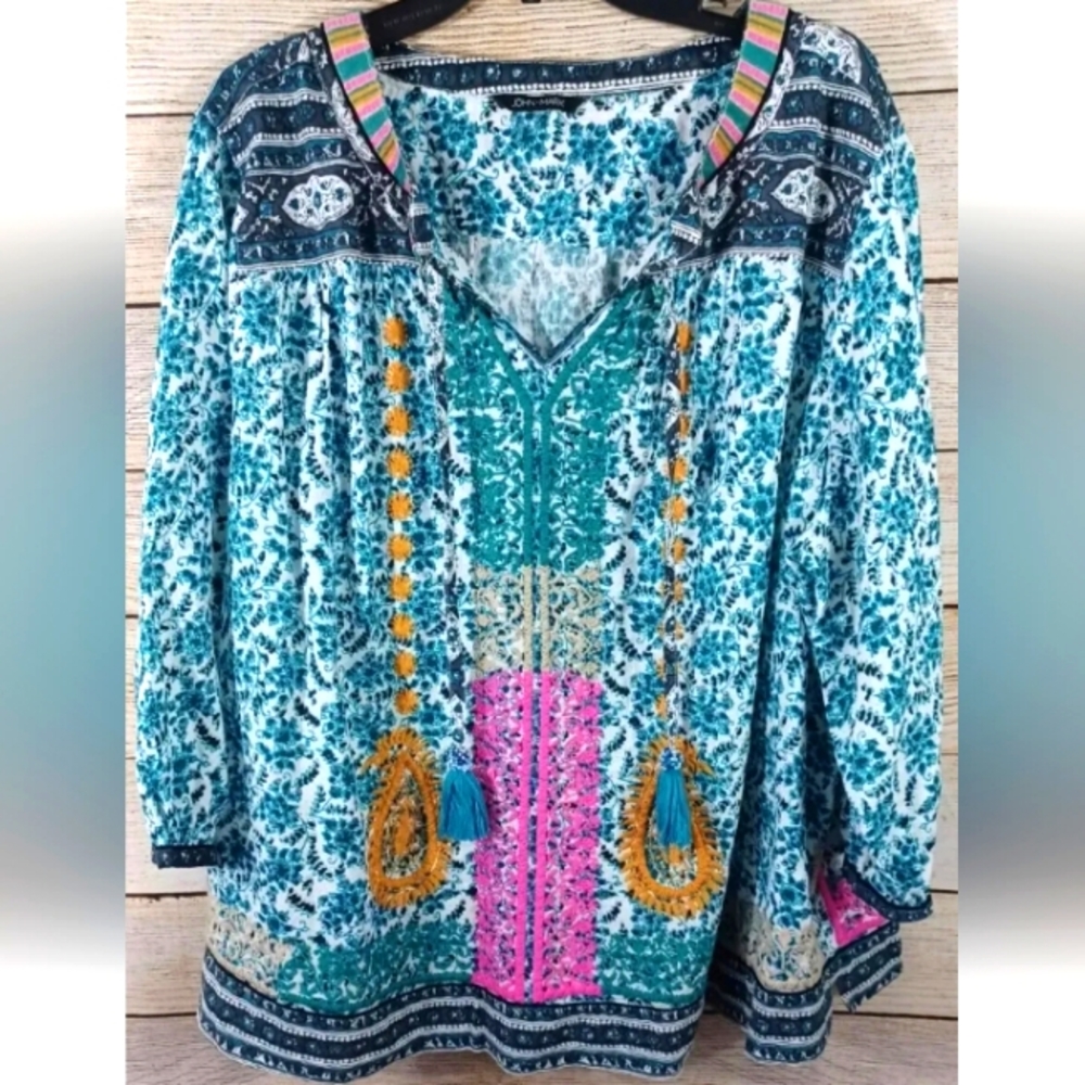 John Mark Blue Pink Floral Embroidered Boho Style Tunic Blouse Top Sz 3XL